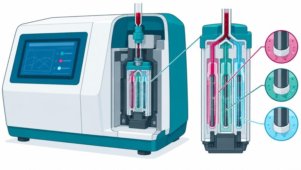 Illustration for the article: How Does a Blood Gas Analyzer Work? Electrochemical Sensing Explained — Biomedical Engineering Guide