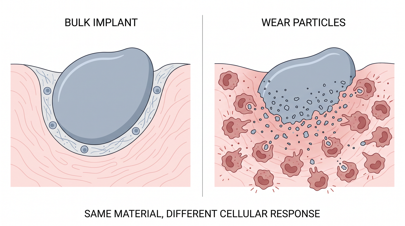 Comparison diagram: a bulk implant surrounded by a thin quiet fibrous interface on the left, versus wear particles of the same material dispersed in tissue and engulfed by numerous activated immune cells on the right