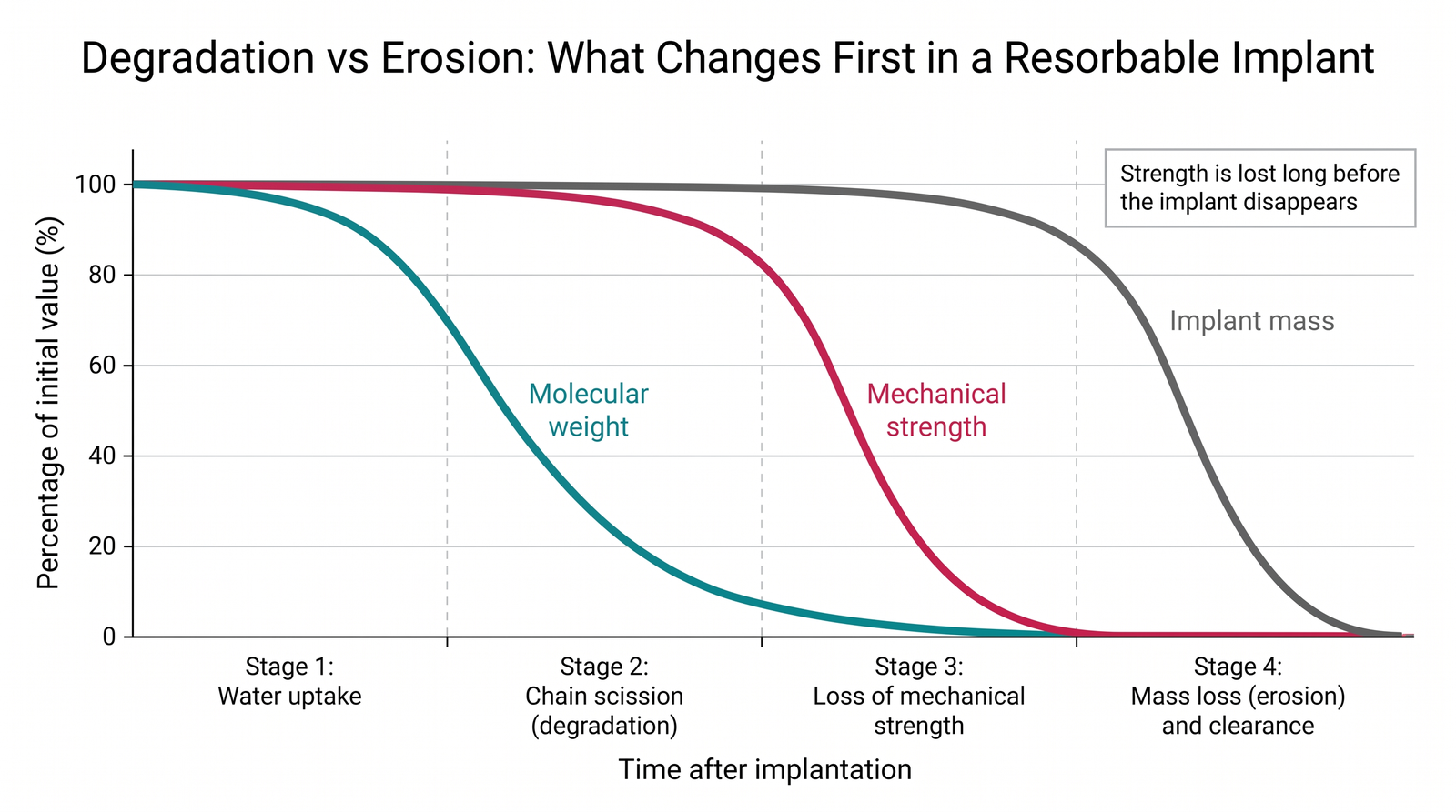 Line graph showing how molecular weight, mechanical strength and implant mass change over time after implantation of a resorbable device, with molecular weight falling first, mechanical strength falling next, and mass loss occurring last, annotated with four stages: water uptake, chain scission, loss of mechanical strength, and mass loss and clearance