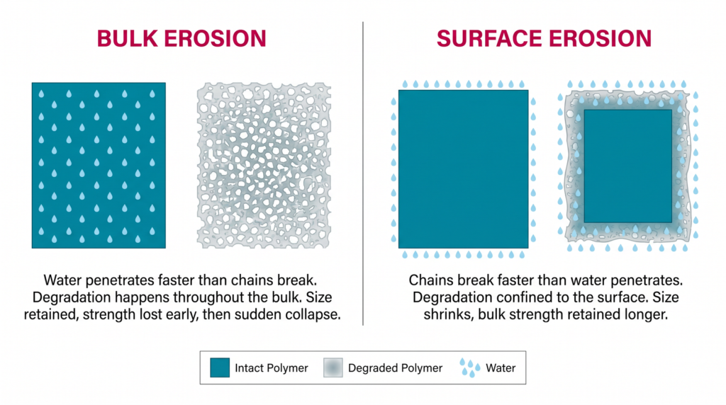 Two-panel comparison diagram of bulk erosion versus surface erosion in a polymer implant, showing water penetrating the entire polymer block uniformly in bulk erosion with degradation throughout the interior, versus water confined to the outer boundary in surface erosion with layers eroding inward while the core stays intact