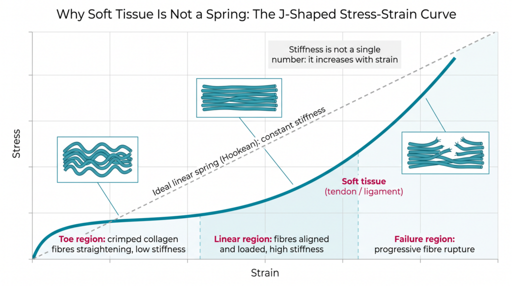 Graph comparing the straight linear stress-strain line of an ideal Hookean spring with the J-shaped stress-strain curve of soft tissue such as tendon or ligament, divided into a toe region where crimped collagen fibres straighten at low stiffness, a linear region where aligned fibres carry load at high stiffness, and a failure region where fibres progressively rupture