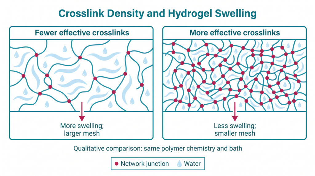 Original schematic comparing fewer and more effective crosslinks in a hydrated polymer network: fewer crosslinks generally allow more swelling and a larger mesh, for the same polymer chemistry and bath.