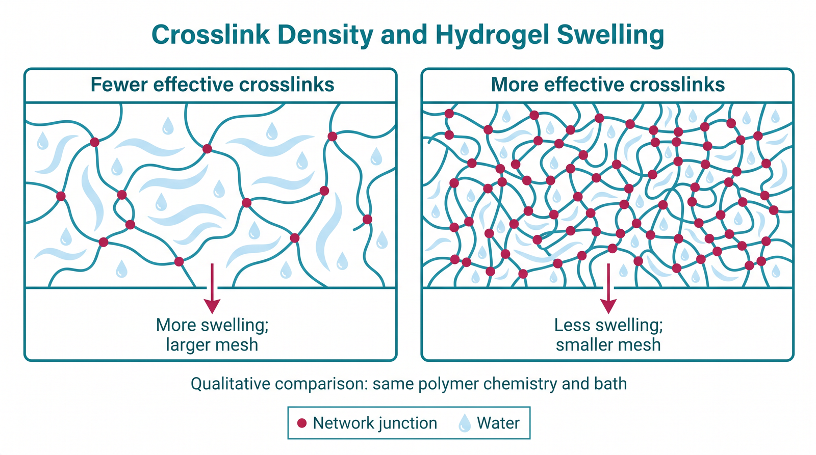 Original diagram comparing a sparse hydrogel network with fewer effective crosslinks and a denser network with more effective crosslinks; for the same polymer chemistry and bath, the sparse network generally permits more swelling and a larger mesh.